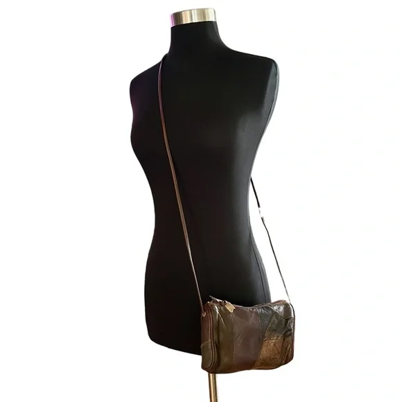 Vintage 90s leather patchwork crossbody mini bag brown - Picture 2 of 14